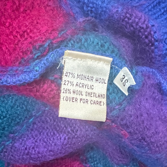 90s Vintage Wool Argyle Cardigan Sweater - Blue, Purple, Pink Preppy Grandpa - Picture 3 of 6